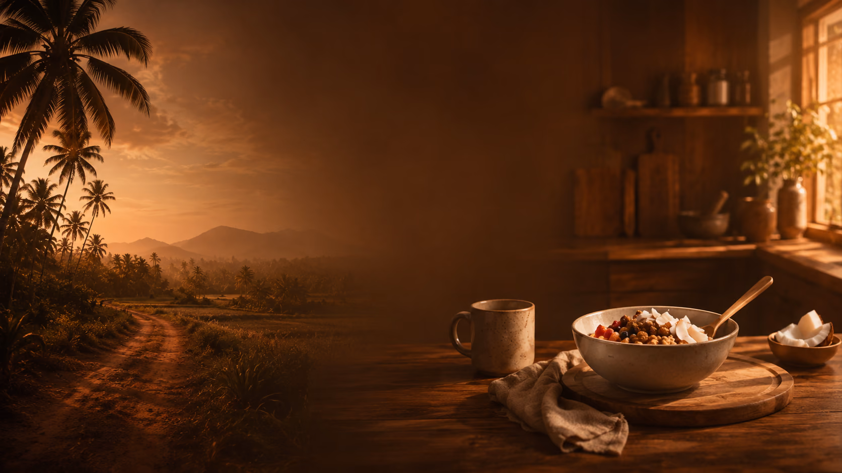 A coconut-growing landscape flowing into an everyday kitchen scene